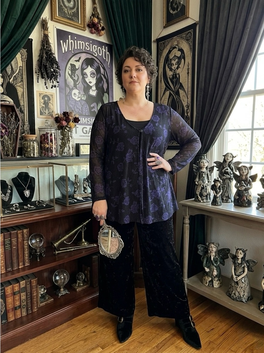 Studio 1940 Whimsigoth Purple Rose Mesh Tunic Blouse Plus Size 2X Made in USA
